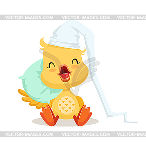 Sweet yellow duckling sleeping on pillow, emoji - vector image