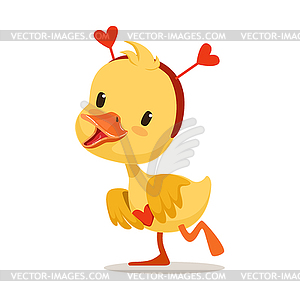 Sweet yellow duckling in red headband with hearts, - vector image