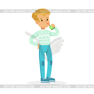 Cute boy drinking juice of box with straw, - vector EPS clipart
