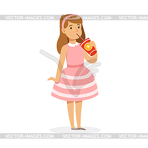 Cute girl in pink dress drinking fresh juice throug - vector clipart