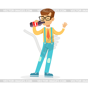 Cute boy drinking soda of bottle, colorful character - vector image