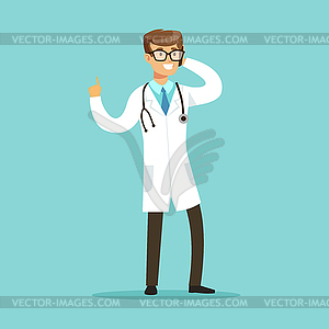 Smiling doctor character standing and talking on - vector image