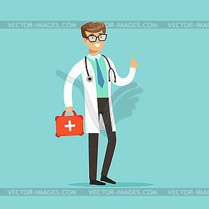 Smiling male doctor character standing and holding - vector clipart