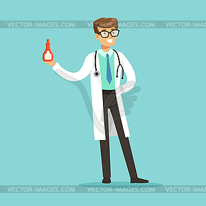 Smiling male doctor character standing and holding - vector image