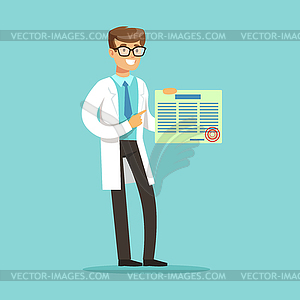 Smiling male doctor character standing and holding - vector clipart