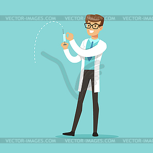 Smiling male doctor character standing and holding - vector image