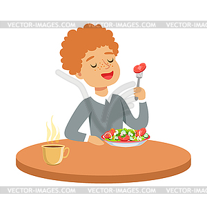 Happy redhead boy sitting at table and eating - stock vector clipart