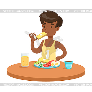 Cute boy having breakfast in kitchen, colorful - vector image