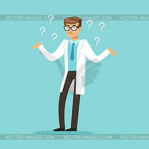 Thoughtful doctor character having many questions - vector image