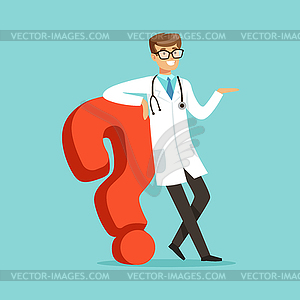 Smiling male doctor character standing and leaning - vector clip art