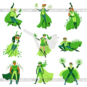 ECO superhero characters set, young men and women i - vector image