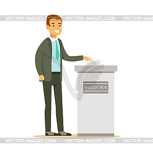 Man putting ballot into voting box, casting vote - vector image