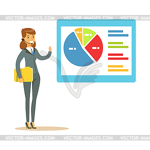 Smiling woman in headset pointing at chart on - vector image