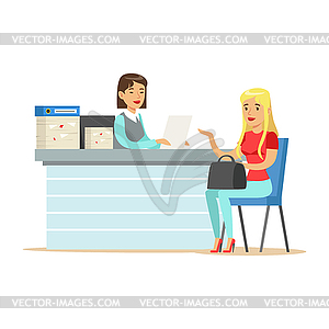 Young business woman interviewing job applicant at - vector image