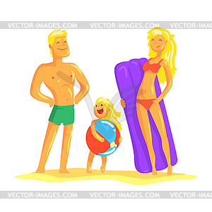 Happy parents and their son resting on beach, summe - vector clip art