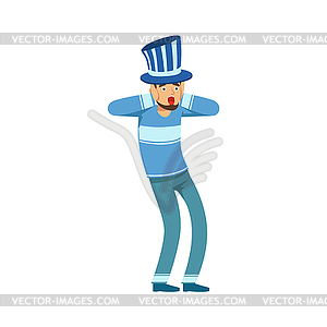 Happy football fan character in blue hat celebratin - vector clip art