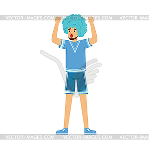 Happy bearded football fan character in blue wig - vector image