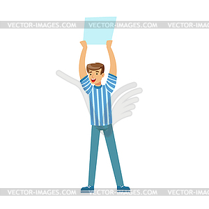 Smiling football fan character in blue holding blan - vector clipart