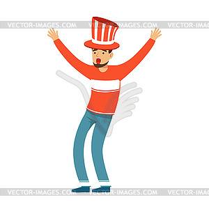 Happy football fan character in red hat - vector image