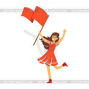 Cheering football fan girl character in red standin - vector image