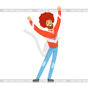 Cheering football fan character in red wig - vector clip art