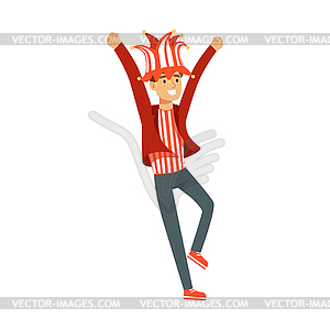 Smiling football fan character in red hat - vector clipart