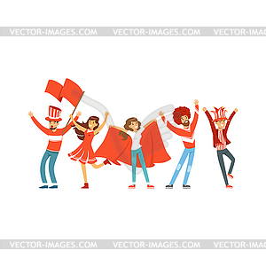 Group of sport fans in red outfit with flags - vector clip art