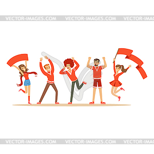 Group of sport fans in red outfit supporting their - vector clipart