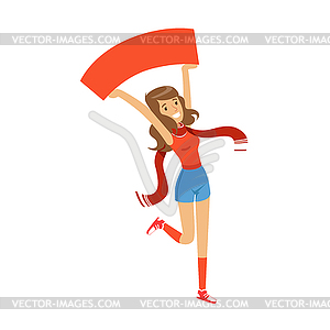 Smiling football fan girl character in red holding - vector clipart