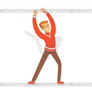 Smiling football fan character in red celebrating - vector clip art