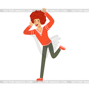 Smiling football fan character in red wig - vector clip art