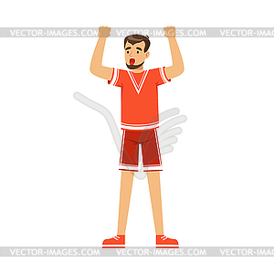 Cheering football fan character in red celebrating - royalty-free vector clipart