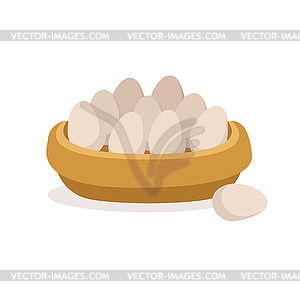 Wooden bowl full of fresh farm eggs, poultry - vector clipart