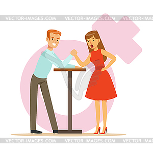 Man and woman with hands clasped arm wrestling, - vector clipart