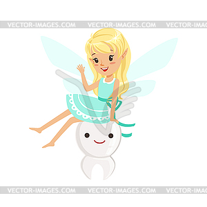 Beautiful sweet blonde Tooth Fairy girl sitting on - vector clipart