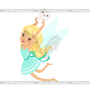 Cute cartoon blonde Tooth Fairy girl flying and - vector clipart