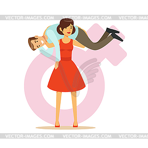 Woman in red dress holding man on her shoulders, - vector clip art