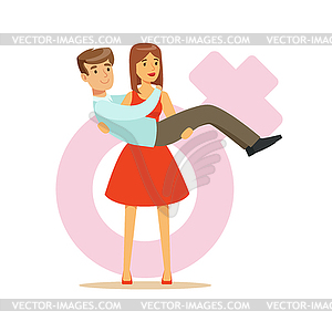 Woman in red dress holding man in her hands, - vector image