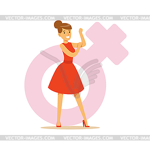 Powerful confident woman in red dress showing her - vector clipart