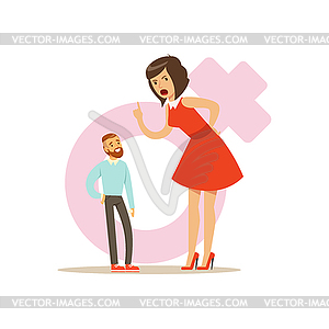 Giant woman in red dress threatening tiny man, - royalty-free vector image