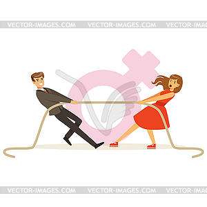 Мужчина и женщина в красном платье потянув веревку, феминизм - рисунок в векторе