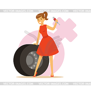 Man and woman in red dress with spanner and tire, - vector clipart