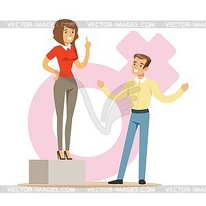 Confident woman standing on podium giving notation - vector image