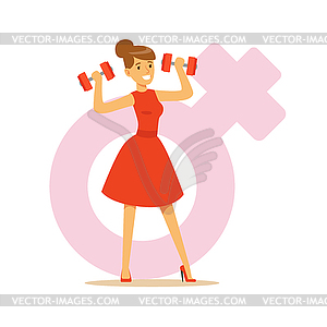 Powerful confident woman in red dress lifting - vector image