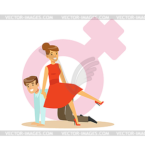 Confident woman in red dress riding on man back, - vector clipart