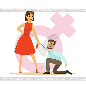 Woman in red dress holding her man by his tie - vector image