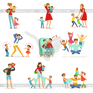 Tired parents and their children set, parenting - vector clipart