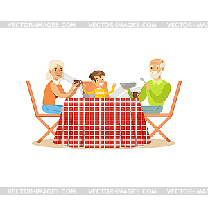 Grandmother, grandfather and grandson having lunch - vector EPS clipart