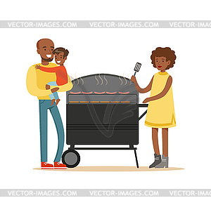 Young black woman grilling sausages on grill for he - vector image