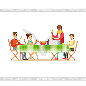 Happy friends enjoying barbeque, cheerful people - stock vector clipart